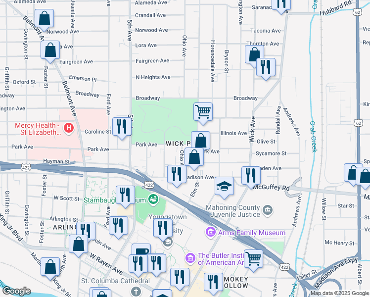 map of restaurants, bars, coffee shops, grocery stores, and more near 209 Park Avenue in Youngstown