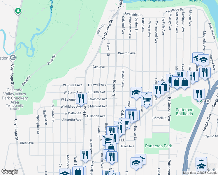 map of restaurants, bars, coffee shops, grocery stores, and more near 1044 Berwin Street in Akron