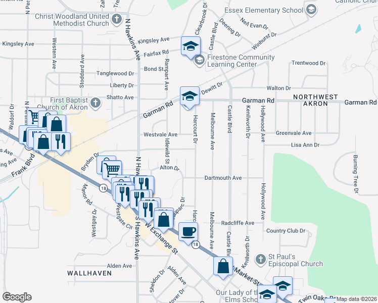 map of restaurants, bars, coffee shops, grocery stores, and more near 1389 Bryden Drive in Akron