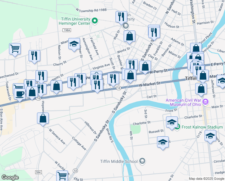 map of restaurants, bars, coffee shops, grocery stores, and more near 1 Jackson Street in Tiffin