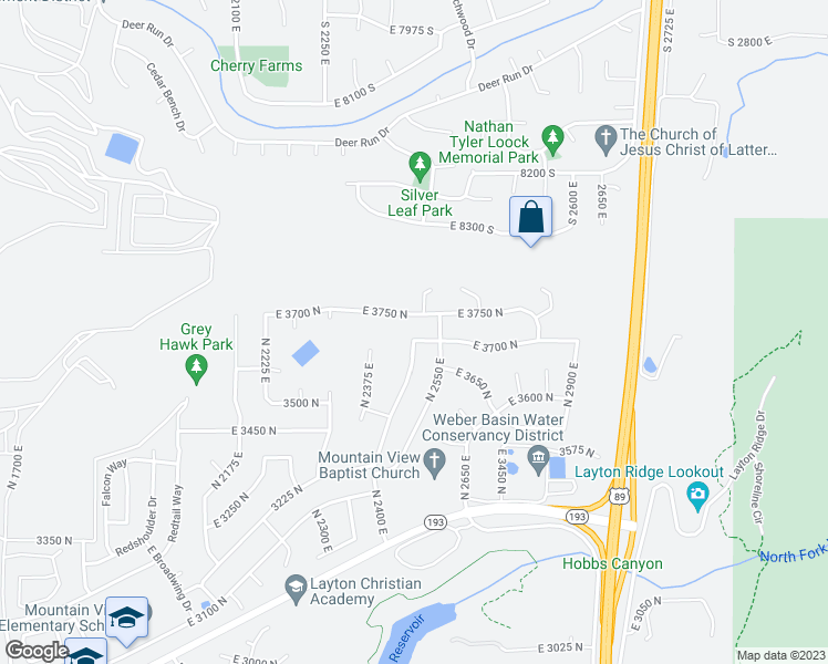 map of restaurants, bars, coffee shops, grocery stores, and more near 2415 East 3700 North in Layton