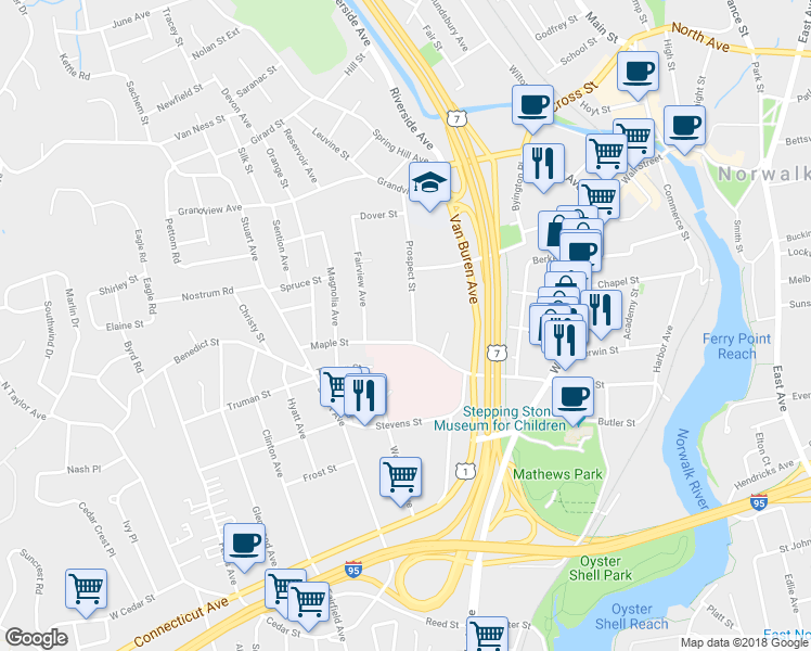 map of restaurants, bars, coffee shops, grocery stores, and more near 33 Prospect Street in Norwalk