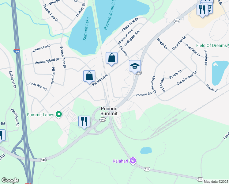map of restaurants, bars, coffee shops, grocery stores, and more near 133 Harvest Lane in Pocono Summit