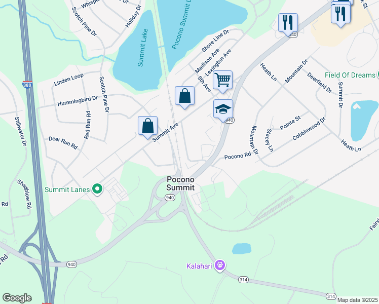 map of restaurants, bars, coffee shops, grocery stores, and more near 133 Harvest Lane in Pocono Summit