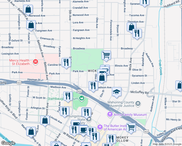 map of restaurants, bars, coffee shops, grocery stores, and more near 259 Park Avenue in Youngstown