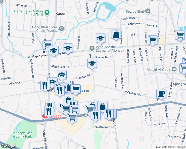 map of restaurants, bars, coffee shops, grocery stores, and more near 2 Fletcher Road in Monsey