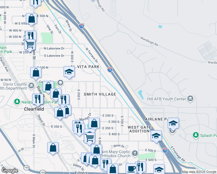map of restaurants, bars, coffee shops, grocery stores, and more near 541 South Maple Street in Clearfield