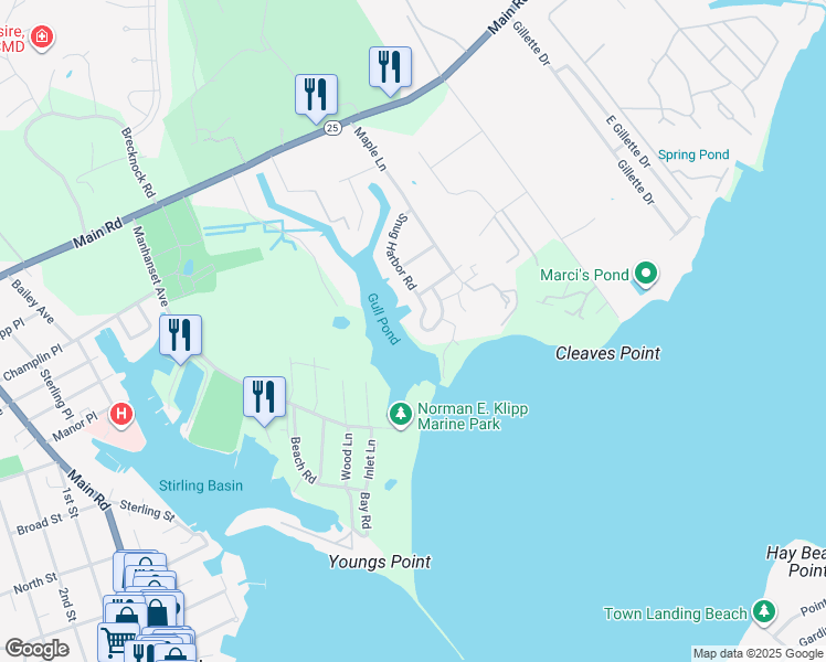 map of restaurants, bars, coffee shops, grocery stores, and more near 745 Osprey Nest Road in Greenport