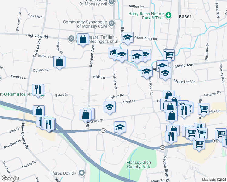 map of restaurants, bars, coffee shops, grocery stores, and more near 18 Eastview Rd in Monsey