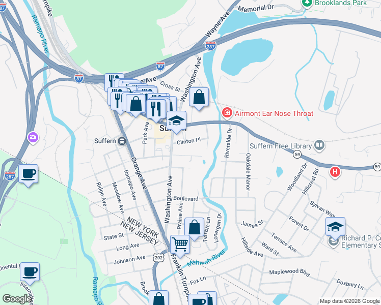 map of restaurants, bars, coffee shops, grocery stores, and more near 78 East Maple Avenue in Suffern