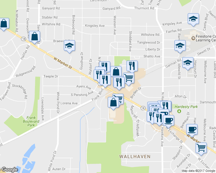 map of restaurants, bars, coffee shops, grocery stores, and more near 1935 W Market St in Akron