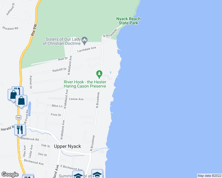 map of restaurants, bars, coffee shops, grocery stores, and more near 615B North Broadway in Nyack