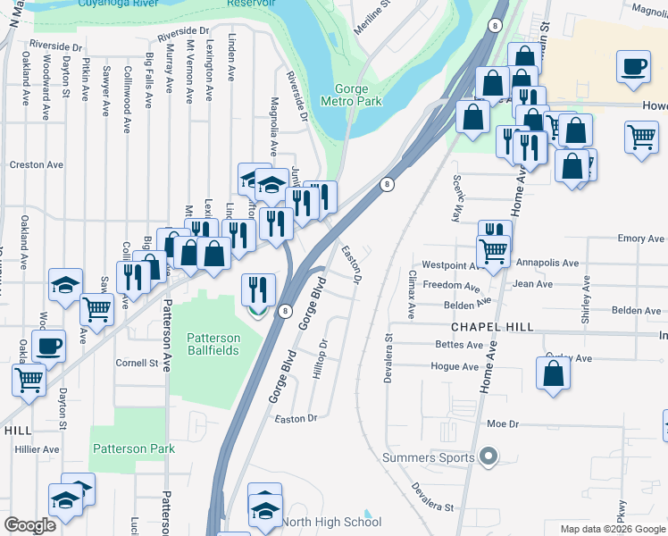 map of restaurants, bars, coffee shops, grocery stores, and more near 1350 Easton Drive in Akron
