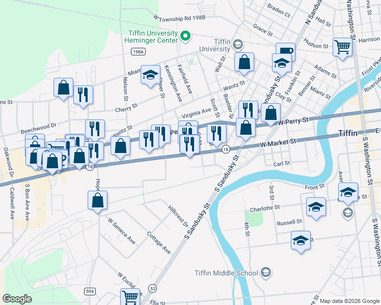 map of restaurants, bars, coffee shops, grocery stores, and more near 26 Melissa Avenue in Tiffin
