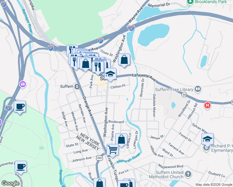 map of restaurants, bars, coffee shops, grocery stores, and more near 74 East Maple Avenue in Suffern