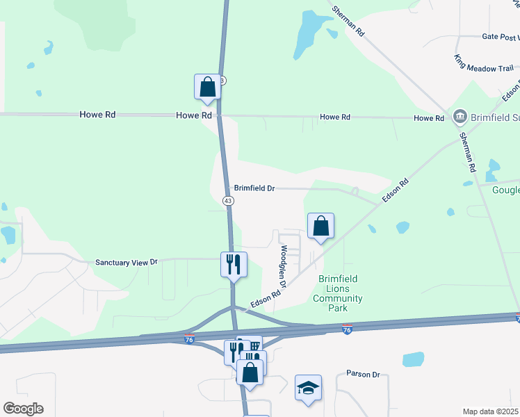 map of restaurants, bars, coffee shops, grocery stores, and more near 1300 Brimfield Drive in Kent