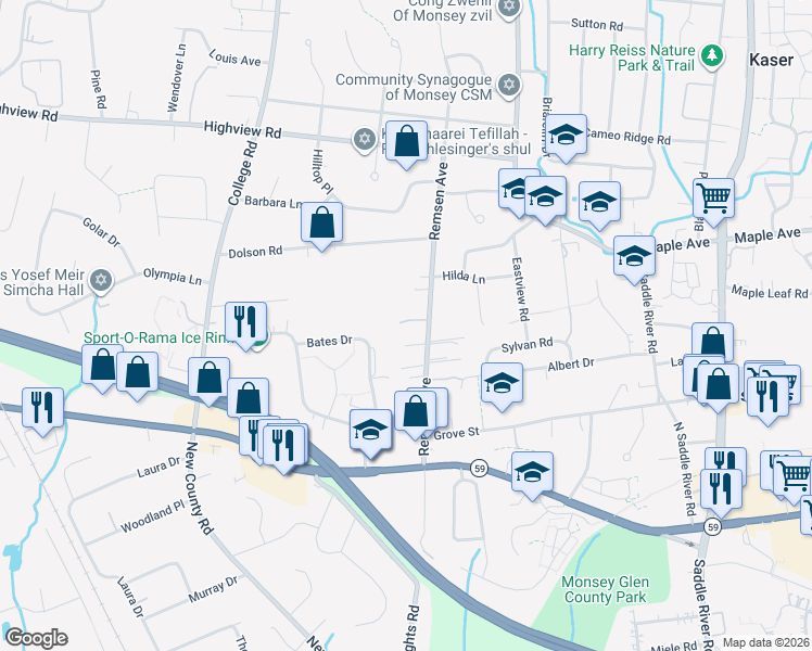 map of restaurants, bars, coffee shops, grocery stores, and more near 161 Remsen Avenue in Monsey