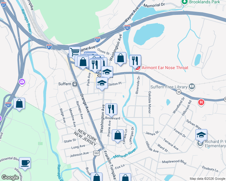 map of restaurants, bars, coffee shops, grocery stores, and more near 74 East Maple Avenue in Suffern