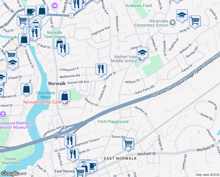 map of restaurants, bars, coffee shops, grocery stores, and more near 22 MacIntosh Road in Norwalk