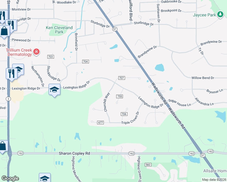 map of restaurants, bars, coffee shops, grocery stores, and more near 5917 Churchill Way in Medina