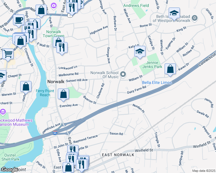 map of restaurants, bars, coffee shops, grocery stores, and more near 22 MacIntosh Road in Norwalk