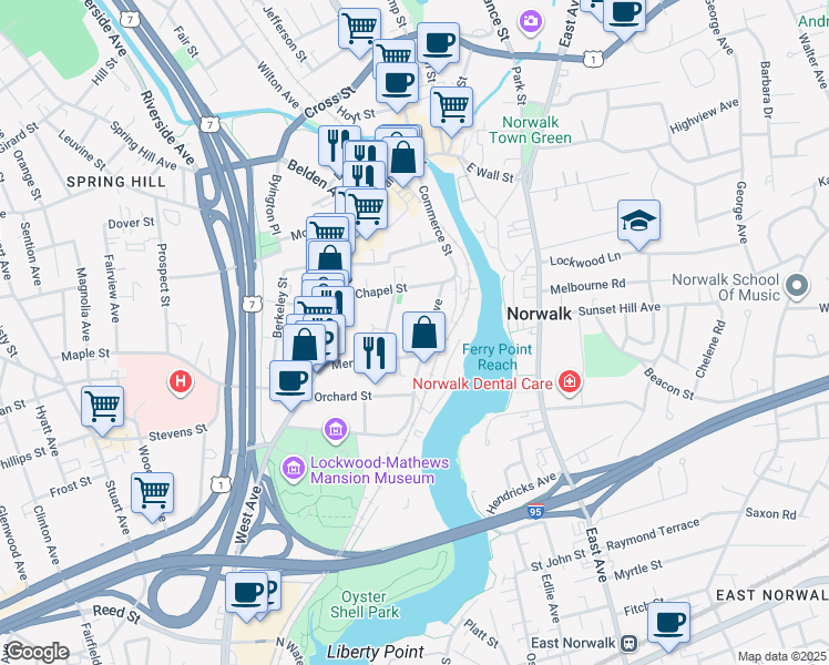 map of restaurants, bars, coffee shops, grocery stores, and more near 11 Academy Street in Norwalk