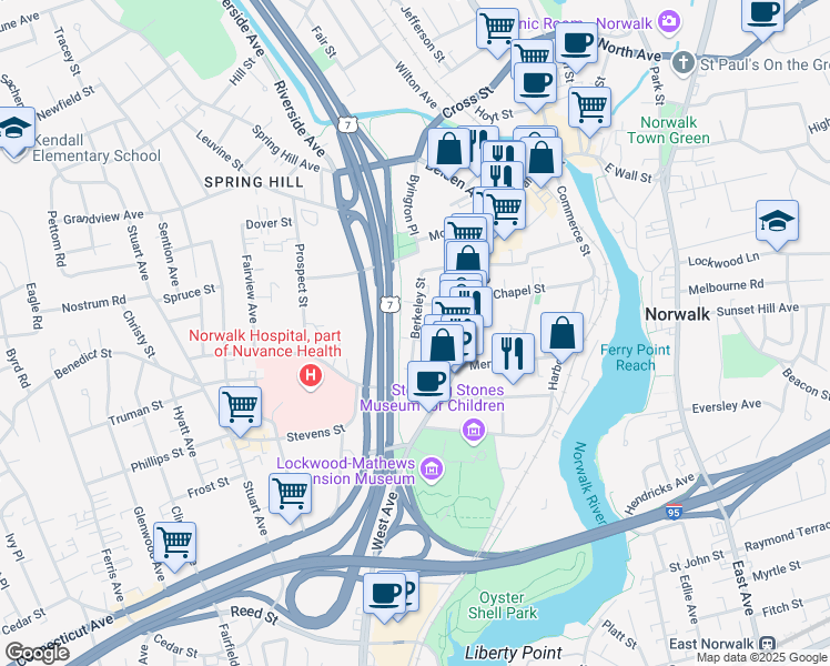 map of restaurants, bars, coffee shops, grocery stores, and more near 10 Arch Street in Norwalk