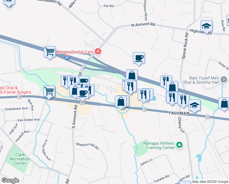 map of restaurants, bars, coffee shops, grocery stores, and more near 24 North De Baun Avenue in Airmont