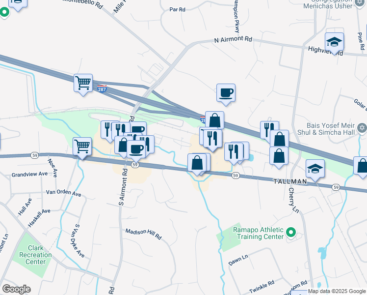 map of restaurants, bars, coffee shops, grocery stores, and more near 24 North De Baun Avenue in Airmont