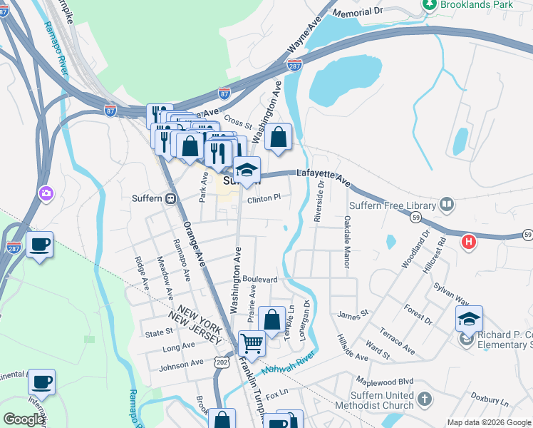 map of restaurants, bars, coffee shops, grocery stores, and more near 78 East Maple Avenue in Suffern