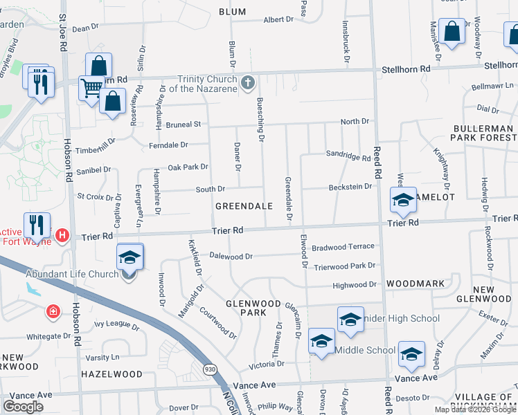 map of restaurants, bars, coffee shops, grocery stores, and more near 3848-3864 Buesching Drive in Fort Wayne