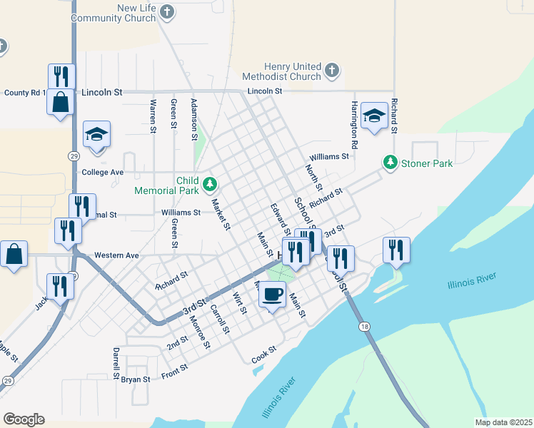 map of restaurants, bars, coffee shops, grocery stores, and more near 701 Edward Street in Henry