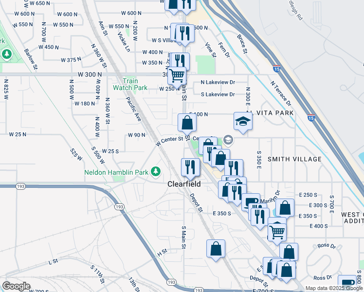 map of restaurants, bars, coffee shops, grocery stores, and more near 22 South Main Street in Clearfield