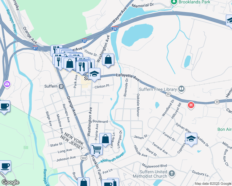 map of restaurants, bars, coffee shops, grocery stores, and more near 22 Antrim Avenue in Suffern