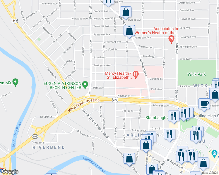 map of restaurants, bars, coffee shops, grocery stores, and more near 719 Park Avenue in Youngstown