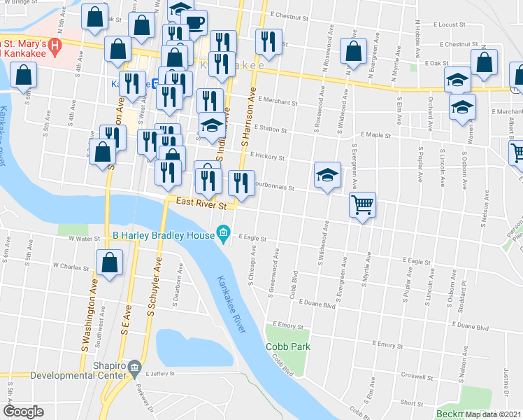 map of restaurants, bars, coffee shops, grocery stores, and more near 584 South Chicago Avenue in Kankakee