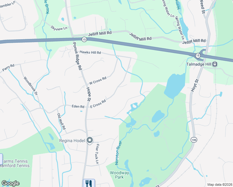 map of restaurants, bars, coffee shops, grocery stores, and more near 96 East Cross Road in Stamford