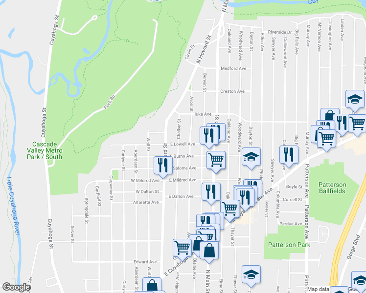 map of restaurants, bars, coffee shops, grocery stores, and more near 40 E Lowell Ave in Akron