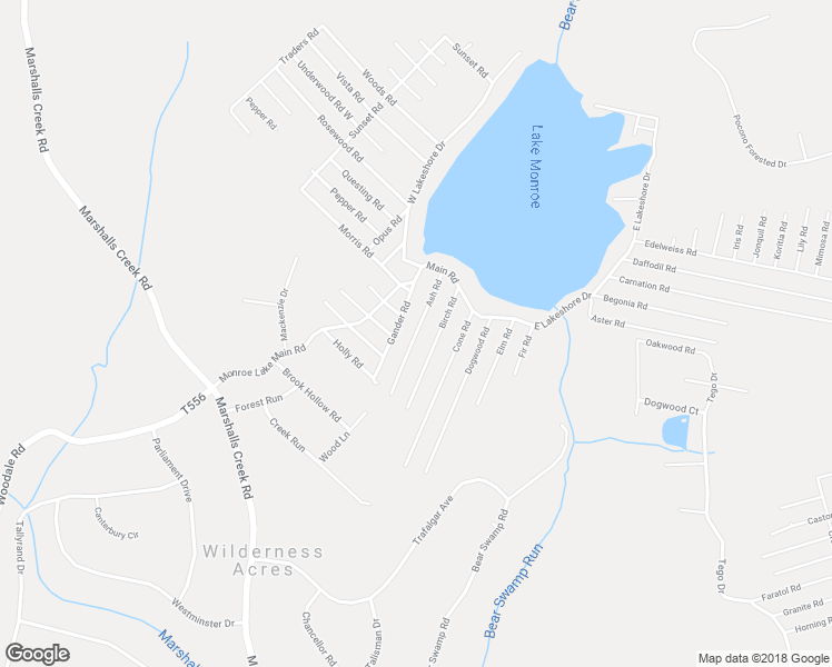 map of restaurants, bars, coffee shops, grocery stores, and more near Ash Road in East Stroudsburg