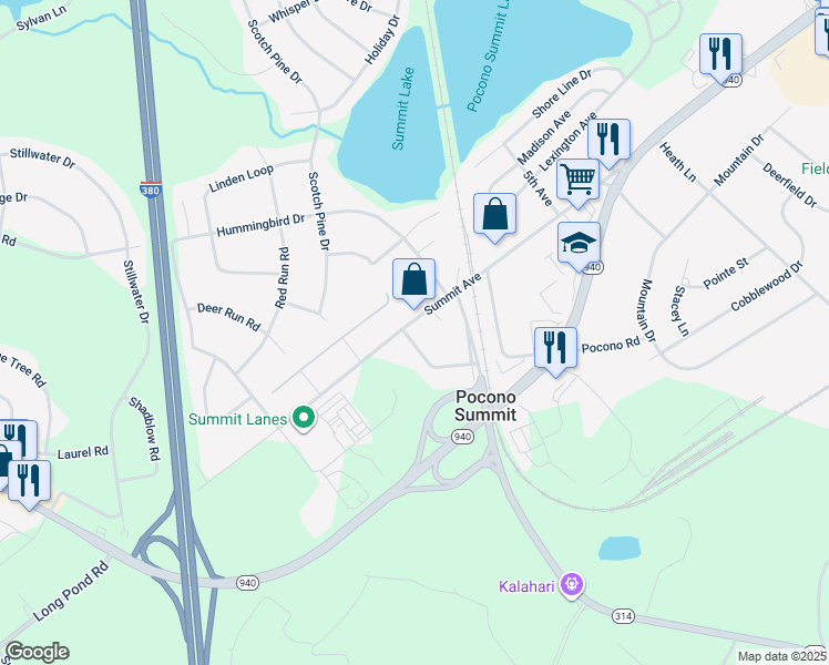 map of restaurants, bars, coffee shops, grocery stores, and more near 4136 Norton Pryor Road in Pocono Summit