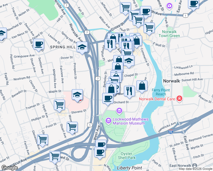 map of restaurants, bars, coffee shops, grocery stores, and more near 10 Arch Street in Norwalk