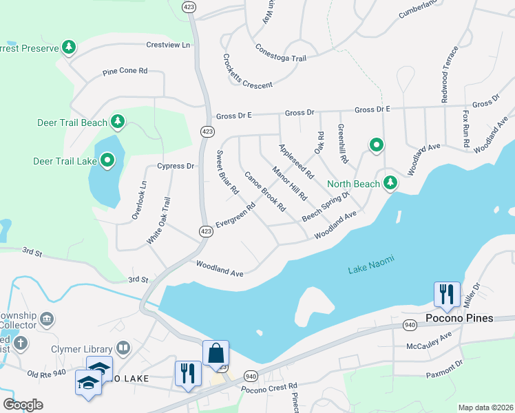 map of restaurants, bars, coffee shops, grocery stores, and more near 139 Sweet Briar Road in Pocono Pines