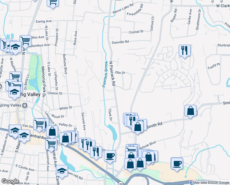 map of restaurants, bars, coffee shops, grocery stores, and more near 86 North Pascack Road in Nanuet