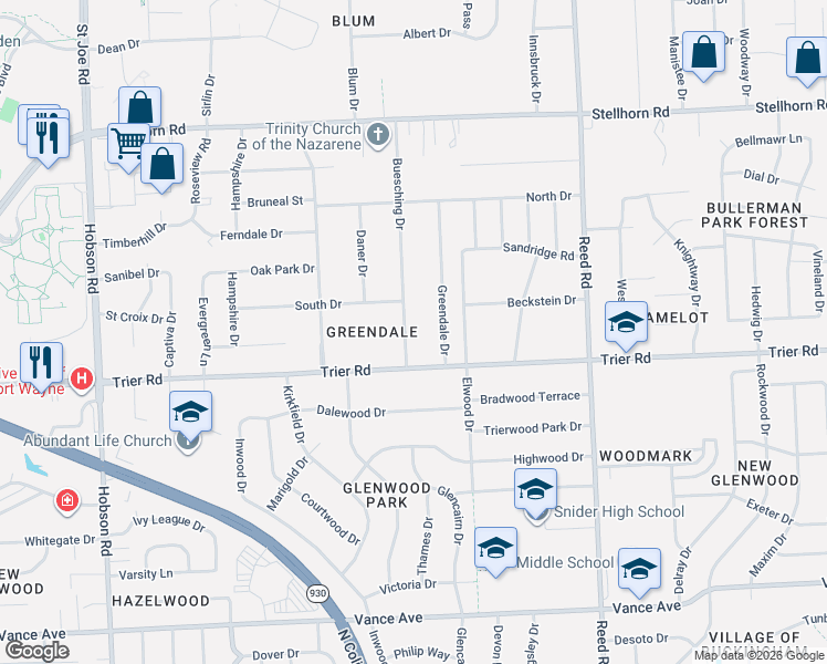 map of restaurants, bars, coffee shops, grocery stores, and more near 3848 Buesching Drive in Fort Wayne