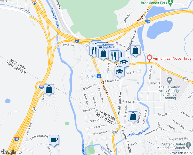 map of restaurants, bars, coffee shops, grocery stores, and more near 15 West Park Place in Suffern
