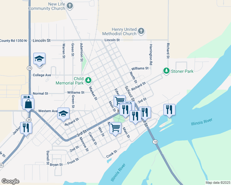 map of restaurants, bars, coffee shops, grocery stores, and more near 701 Edward Street in Henry