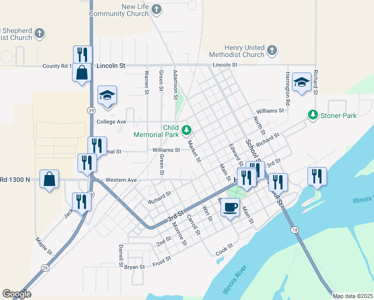 map of restaurants, bars, coffee shops, grocery stores, and more near 819 Williams Street in Henry