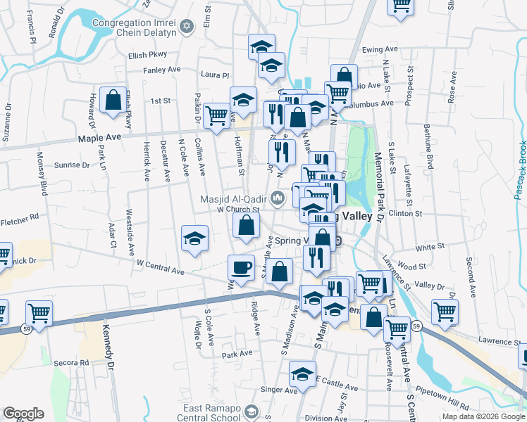 map of restaurants, bars, coffee shops, grocery stores, and more near 50 West Church Street in Spring Valley