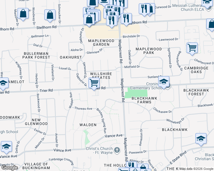 map of restaurants, bars, coffee shops, grocery stores, and more near 3803 Willshire Estates Drive in Fort Wayne