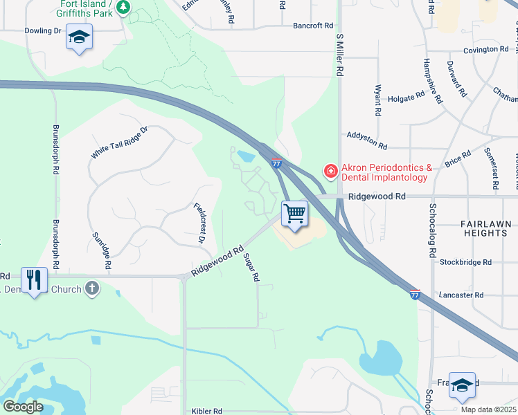 map of restaurants, bars, coffee shops, grocery stores, and more near 590 Parkhill Drive in Fairlawn